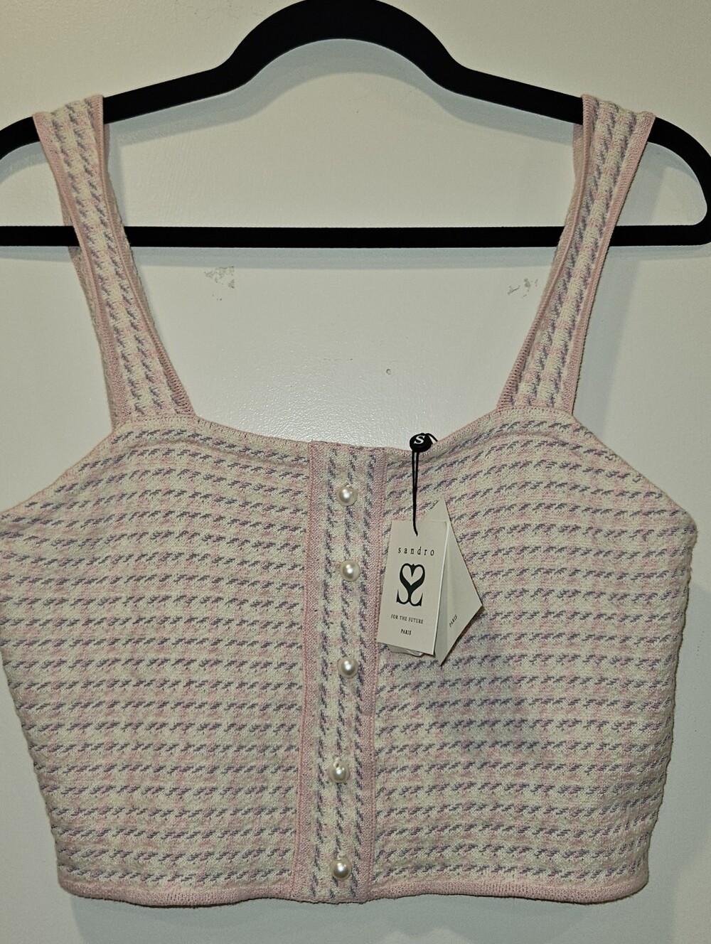 SANDRO Daniella Tweed Cropped Top Rose Pink $220 Paris Size Small NWT - Picture 3 of 16